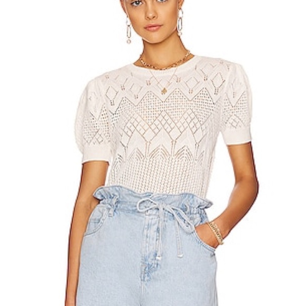 7 For All Mankind Short Sleeve Crochet Sweater in Ivory, Size S